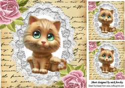Pretty pink roses, lace and cute kitty 8x8