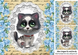 Pretty blue roses, lace and cute kitty 8x8
