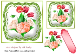 Pretty peach flowers in green glitter ornate 7x7 topper