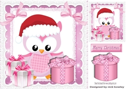 Cute owl in santa hat with pink bows 8x8