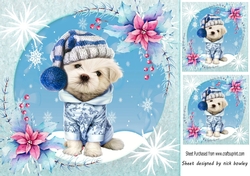 Cute westie in blue with snow 8x8 card front
