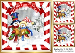 Snowman family in snow scene singing 8x8 card front