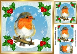 Lovely robin on a branch with snow and holly 8x8