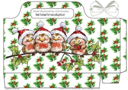 Cute Robins in santa hats with holly and white bow tote gift bag