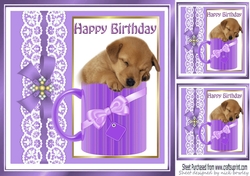 Cute little puppy sleeping in a mug with purple bow 8x8