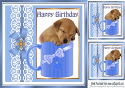 Cute little puppy sleeping in a mug with blue bow 8x8