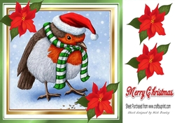 Lovely Robin in santa hat with poinsettias 8x8
