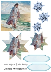 Jesus walking in the blue sea, star pyramids with poinsettias