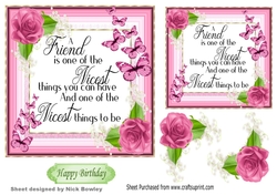 Pretty FRIENDSHIP verse with pink roses and butterflies 7x7