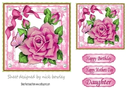 Pretty pink roses with bow and butterfly 7x7