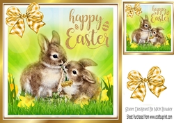 Water colour easter bunnies with gingham bow 8x8