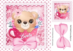 Cute teddy in tea cup with pink polkadot and bow 8x8