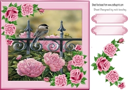 sweet little bird on a rail with pink roses 8x8