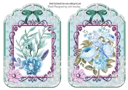 2 pretty ornate lace and bow card fronts with water colour blue flowers