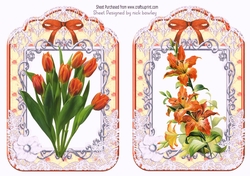 2 pretty ornate lace and bow card fronts A5 orange tulips
