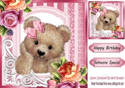 fancy pink lace ornate corner card front 8x8 with bear & roses