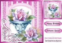fancy cerise lace ornate corner card front 8x8 with rose vase