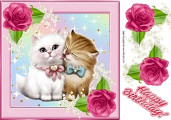 Kittens cuddling with pink corner roses 8x8