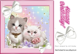 Kittens cuddling with corner white diamante bows 8x8
