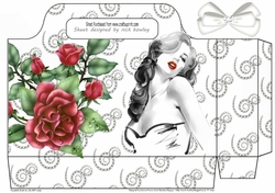 lady with diamante tote gift bag with, red roses