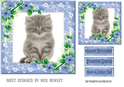 Blue lace frame with flowers and a kitten 7x7