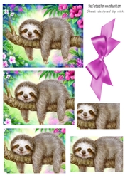 Cute sloth on a branch with flowers pyramids