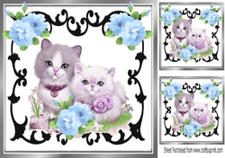 black ornate frame  with kittens and blue roses 8x8