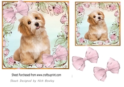Pink floral card front/topper with cute puppy & bows 7x7