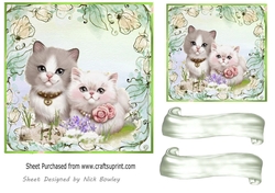 Green Floral  7x7 card front with  cute Kittens