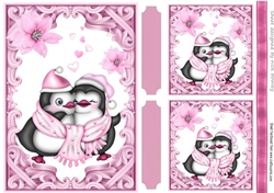 Ornate Pink Card Front With cute hugging penguins A5
