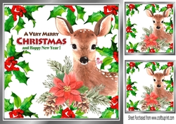 Lovely Holly and red berry card front with  a deer