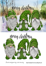 3 Lovely Gnomes in green in snow scene A5