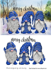 3 Lovely Gnomes in Blue in snow scene A5