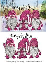 3 Lovely Gnomes in Pink in snow scene A5