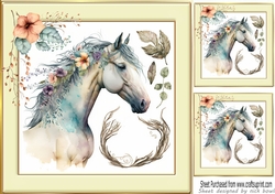 Beautiful Horse with flowers in cream/gold frame 8x8 (four)