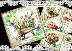  4 Pretty flowers in a wheel barrows and butterflies 8x8 Mini kit