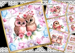  4 Lovely Owls Together in Lilac/Pink Flowers 8x8 cards Mini kit 