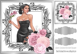 Elegant Lady in black dress wtith roses 8x8
