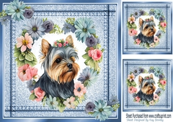 Lovely Yorkie in Heart Flower Wreath Denim Frame 8X8