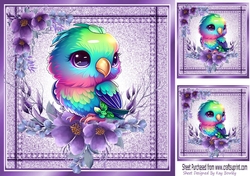 Lovely Little Budgie with flowers in Stitched Denim Purple Card 8X8