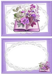 Pretty purple card and insert with book and flowers on lace A5
