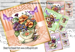 4 Pretty Vintage Floral Teacups with butterflies 8x8 Mini Kit