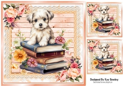 Cute Puppy With Books & Peach Lace With Flowers 8x8 (one)