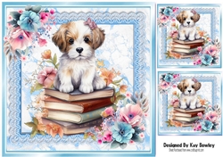 Cute Puppy With Books & Blue Lace With Flowers 8x8 (two)