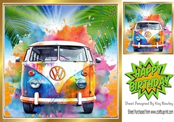 Rainbow Water Colour Camper Van With Sunset 8x8 (Four)