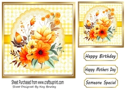 Pretty Orange Flowers On Lace With Yellow Gingham 7x7 (Three)