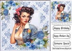 Pretty Vintage Pin-up Girl With Lace & Blue Roses 8x8 (two)