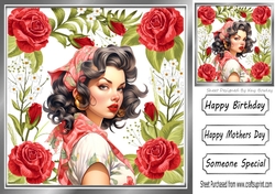 Pretty Vintage Pin-up Girl  With Red Roses 8x8 (Three)