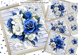 4 Lovely Wood & Lace 8x8 FrameS With Blue & White 3D Roses Mini Kit