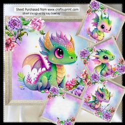 4 Cute Dragons With Flowers Pink & Purple 8x8 Card Fronts Mini Kit